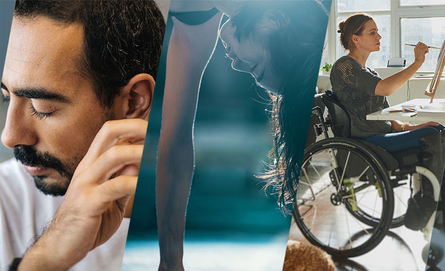 Tres imágenes yuxtapuestas en las que se puede ver una persona con los ojos cerrados, una persona haciendo el pino y una persona en silla de ruedas pintando en un lienzo.