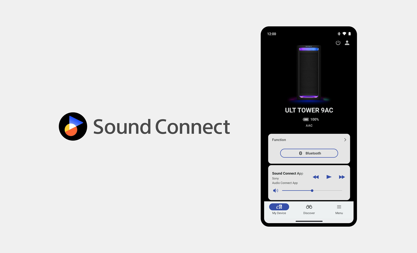 El logotipo de Sound Connect junto a la imagen de un teléfono móvil con la app Sony Connect abierta y visible en la pantalla